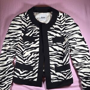 Moschino Cheap and Chic Black and White Zebra-Print Collarless Jacket